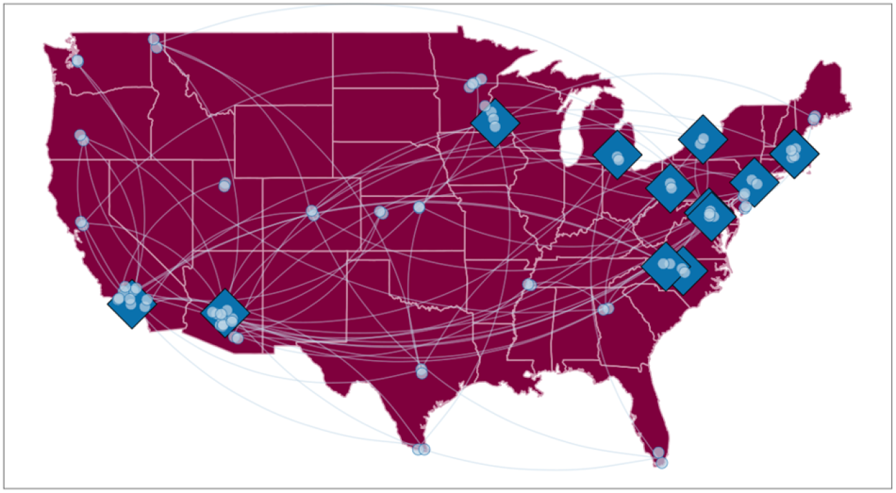 A map of the continental United States depicting sites of Tolerability Consortium.