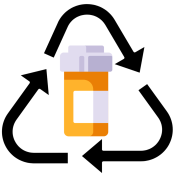 An illustration of a prescription bottle encircled with a reusable symbol.